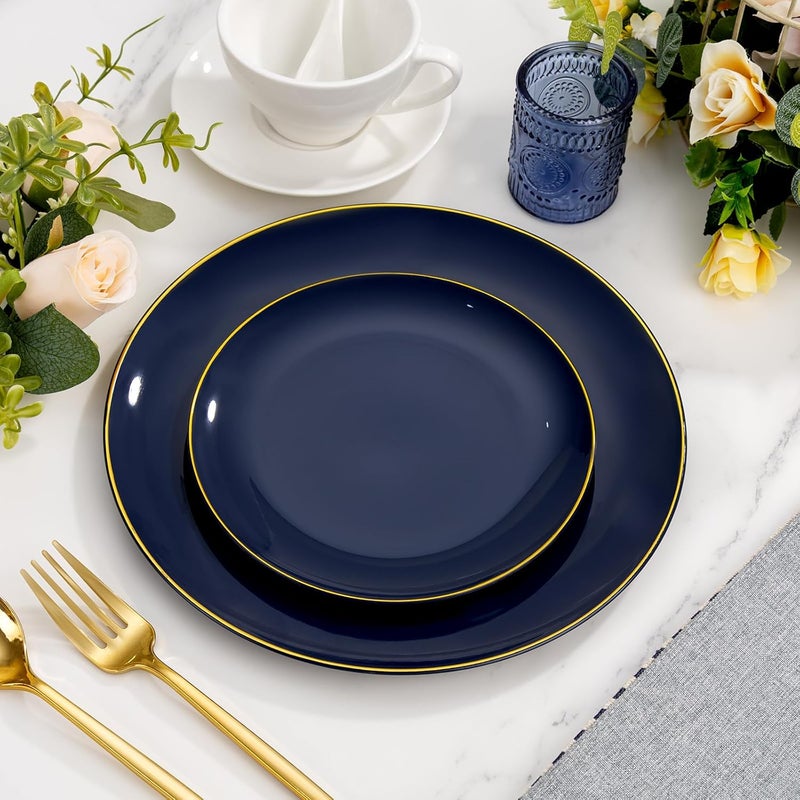 bUCLA 150PCS Blue and Gold Plastic Plates - 25 Guests Navy Blue Plastic Dinnerware Disposable for Party and Hanukkah - Include 25 Dinner/Dessert Plates, 25 Knives, 25 Forks, 25 Spoons, 25 Cups - Image 4